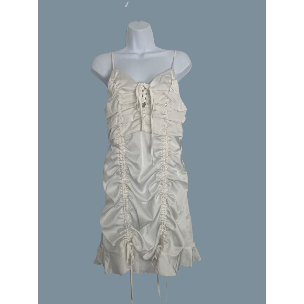 Nasty Gal Womens NWT Ivory Ruched Bodycon Mini Dress Tie Front Satin Large
